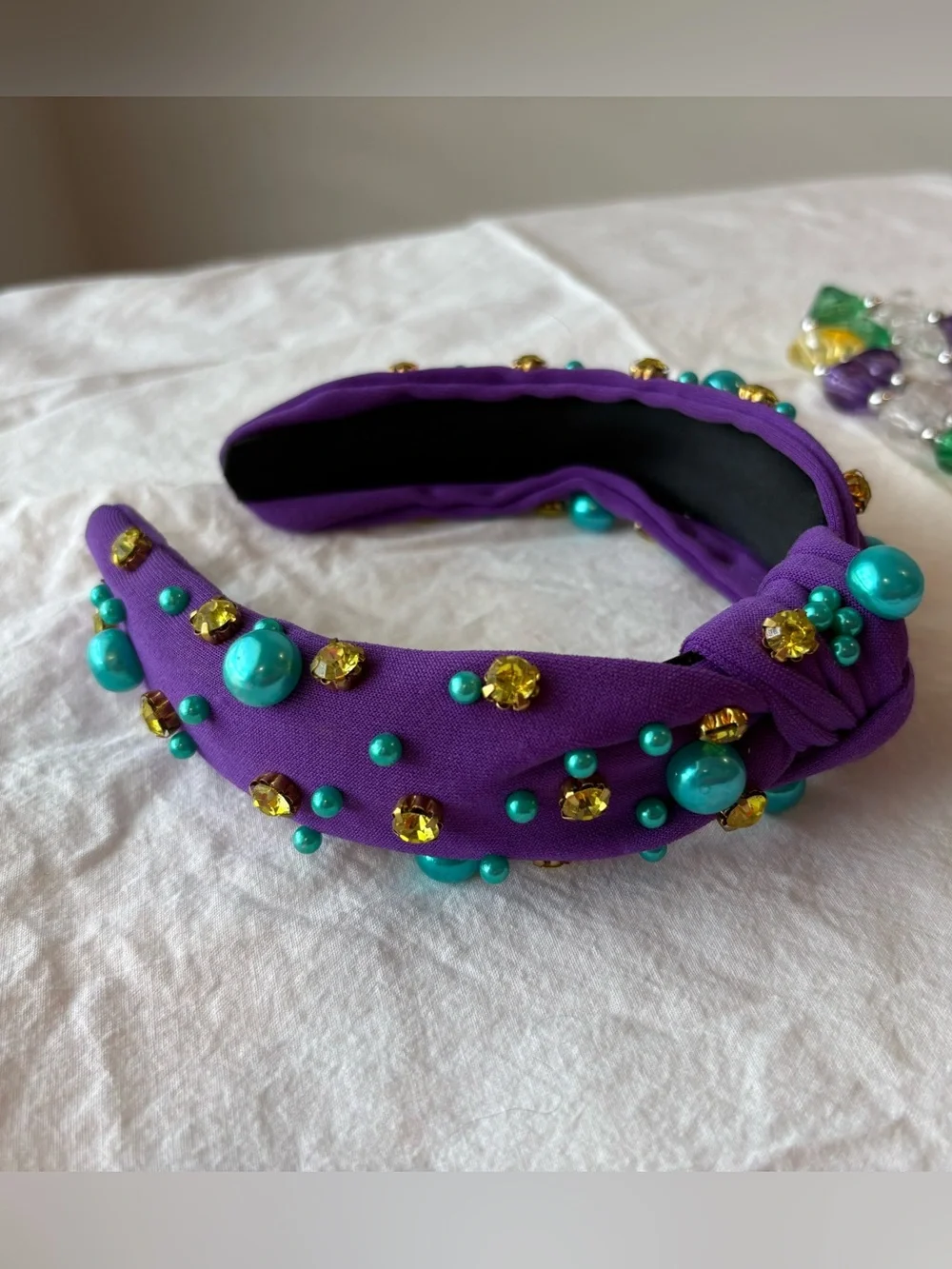 Mardi Gras Purple Knotted Headband with Turquoise Beads and Gold Accents